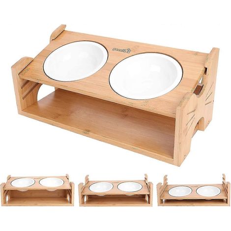 Gamelle surélevée pour chat avec support en bambou, gamelle inclinée de 15 cm avec double bol en céramique, 3 hauteurs réglables, gamelle anti-vomissements, antidérapante pour les chiots et les chats. (1/4)