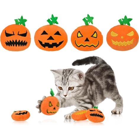 Lot de 4 peluches citrouilles d'Halloween pour chats, jouets de dentition interactifs avec broderies aux expressions variées, adorables peluches pour les chatons et les chats. (1/5)