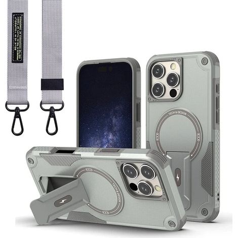 (Gris, iPhone 13 Pro Max) Étui de téléphone avec support magnétique et cordon, matériau PC+TPU antichoc. (1/4)