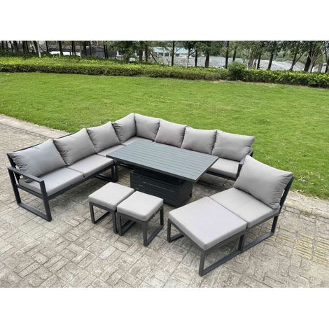 Fimous 10 Pieces Aluminium Garden Furniture Set with Cushions, Patio Furniture Set with Adjustable Rising Lifting Dining Table 3 Footstools Dark Grey (1/5)