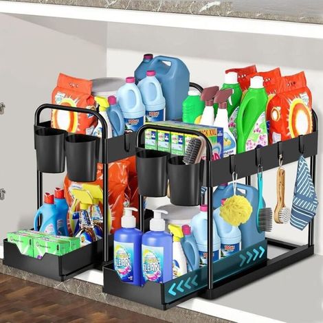 Bardusch - Étagère sous Évier - Organiseur de Cuisine - Lot de 2 - 2 Niveaux - 8 Crochets - Noir (1/4)