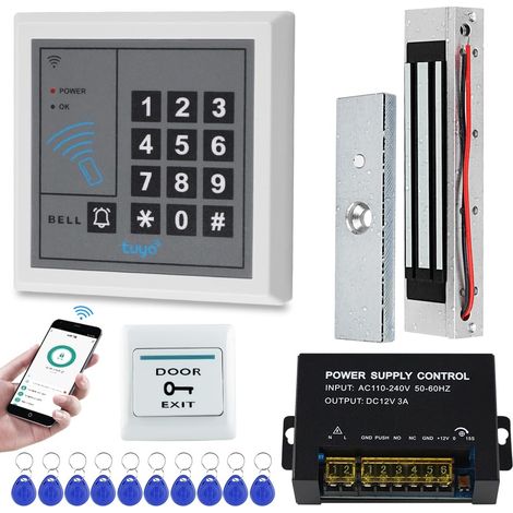 Système de contrôle d'accès RFID complet, contrôleur d'accès WiFi, clavier, serrure de porte électrique magnétique 180 kg/350 livres, alimentation 12 VDC, bouton de sortie, 10 boutons (1/5)