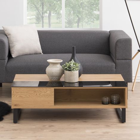 Table basse relevable 110x60x35-55 cm en panneaux de particules et verre noir – Compartiment de rangement – Pieds en métal – Actona (1/5)