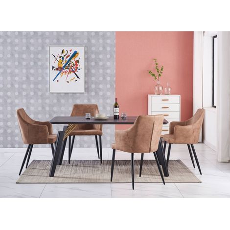 Juego de comedor Cosmo LUX Zarah: mesa de comedor de madera negra y juego de 4 sillas de comedor de cuero marrón - Comedor Cocina (1/5)