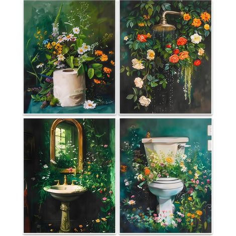 Set de 4 Tableaux Déco Salle de Bain Vert Foncé, Impressions sur Toile avec Fleurs, Lavabo, Toilettes et Douche, Décoration Murale Rétro pour Salle de Bain (1/5)