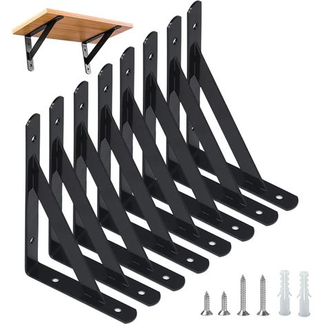 8 supports d'étagères Supports pour charges lourdes Angle de mur 90 degrés Support d'étagère en métal avec vis Support d'étagère en fer mural pour angle d'étagère (150×95mm),Noir (1/5)