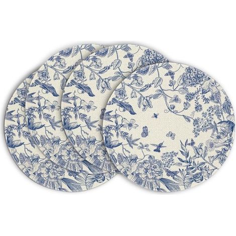 Juego de 4 manteles individuales redondos (35,5 cm) con flores y ramas en acuarela estilo chinoiserie, Edición Primavera, para decoración de mesa (1/5)