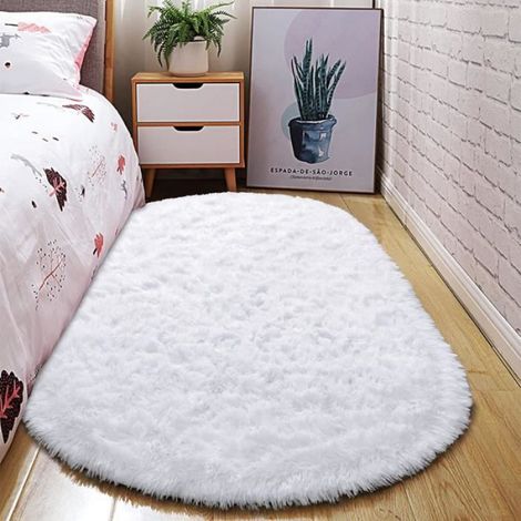 Tapis Shaggy - Ovale 80 x 160 cm - Blanc - Velours Polyester - Antidérapant - 1 Pièce (1/3)
