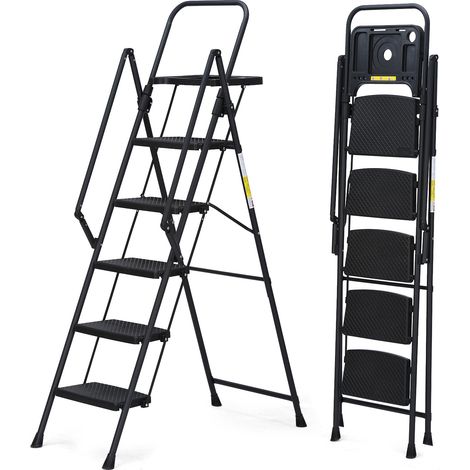 CHICFURN Escalera plegable de 5 peldaños de acero negro con bandeja y asas (1/5)