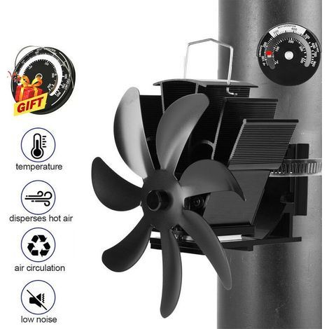 Ventilateur de poêle à 7 lames avec thermometre, Ventilateur de cheminée noir pour poêle à bois à bûches, pour la maison, silencieux, à économie de carburant alimentées par la chaleur (1/5)