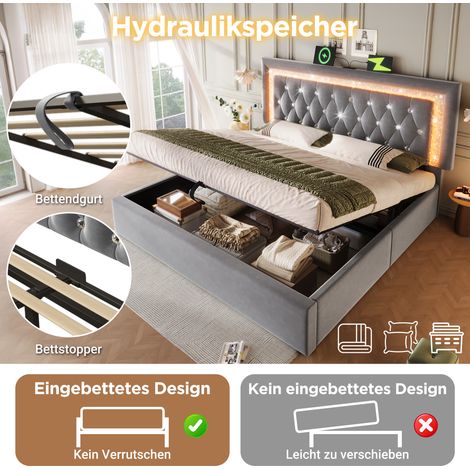 Lit 2 places capitonné velours gris 160x200 cm, tête de lit diamant avec éclairage LED, ports de charge USB et Type-C, coffre de rangement hydraulique, sommier à lattes intégré, sans matelas, literie  (1/5)