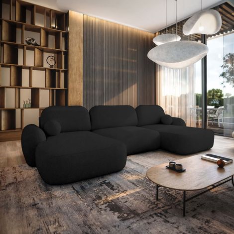 Canapé panoramique convertible 6 places MILLY avec coffre en tissu bouclette - Gris anthracite (1/5)