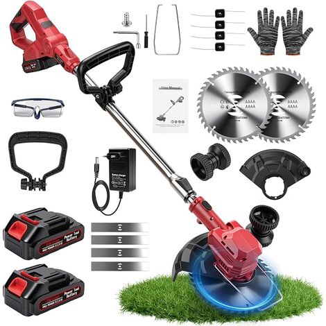 Cordless Electric Brushcutter, 3 in 1 Edging Cutter, Battery, with 2 x 1.5 Ah Batteries, 90° Swivel Head, Telescopic Handle for Garden, Lawn, Weeding (1/5)