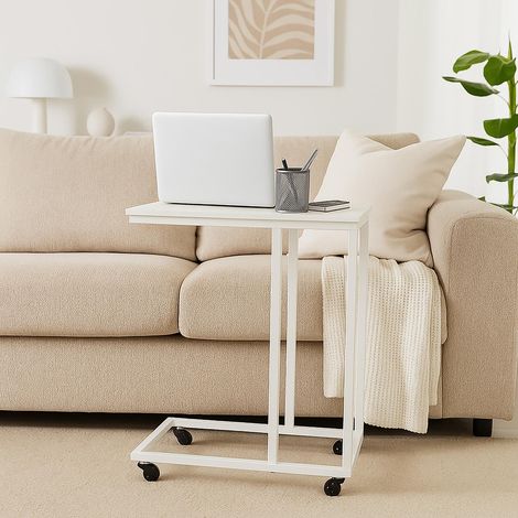 Table d'appoint en forme de C avec roulettes, métal et MDF