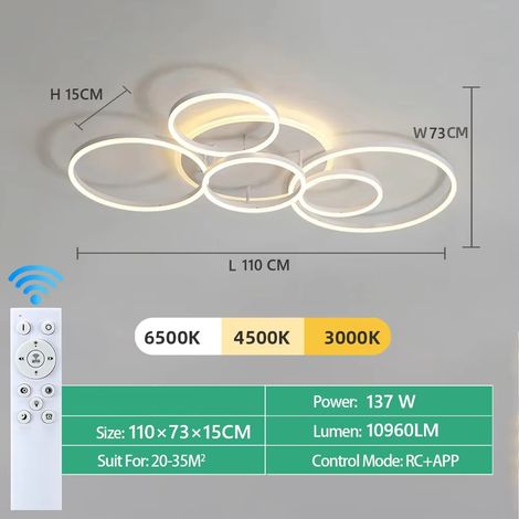Lustre LED nordique simple – Anneau acrylique – 3 couleurs réglables – Nouveau blanc – 5 lumières – Salon/chambre