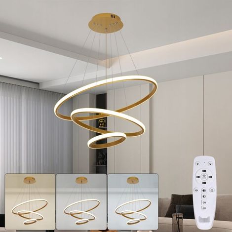 Lustres LED En Bois Plafonnier, Luminaire En Bois À 3 Anneaux À Intensité Variable, Lampe À Suspension Circulaire Réglable, Îlot De Cuisine Salle À Manger Salon Hall D'Entrée 【20+40+60cm】 (1/5)