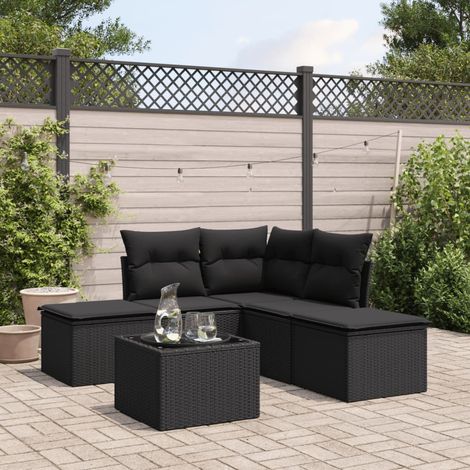 6-tlg. Garten-Sofagarnitur mit Kissen Schwarz Poly Rattan (1/3)