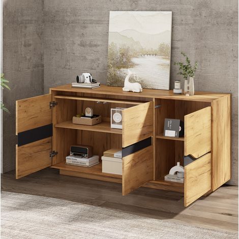 buffet meuble rangement 3 portes 140 cm chêne noir OKMYHOME (1/5)