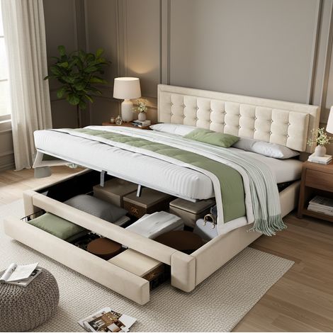 Lit coffre en velours beige 160x200 cm avec tête de lit réglable, sommier à lattes et tiroirs de rangement (1/5)