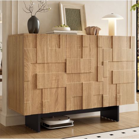 Buffet 105x33,5x76 cm 3 portes avec étagères réglables, façade 3D géométrique, bambou et MDF noir naturel (1/5)