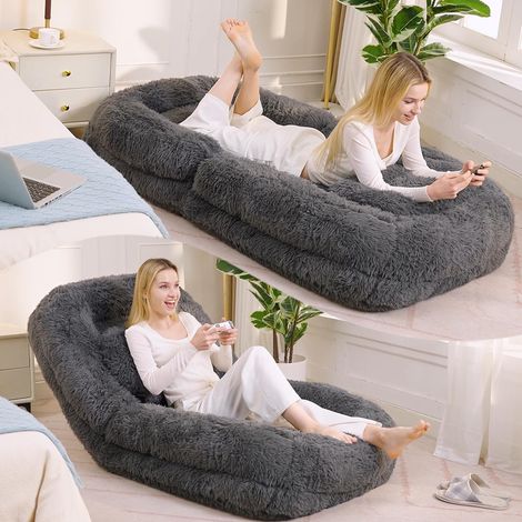 [Nouveautés] [Vidéo disponible] Lit pour humain et chien, canapé relax, fauteuil de jeu réglable en 5 positions, idéal pour le salon, le jeu, la méditation et la détente. Tissu peluche, gris foncé.