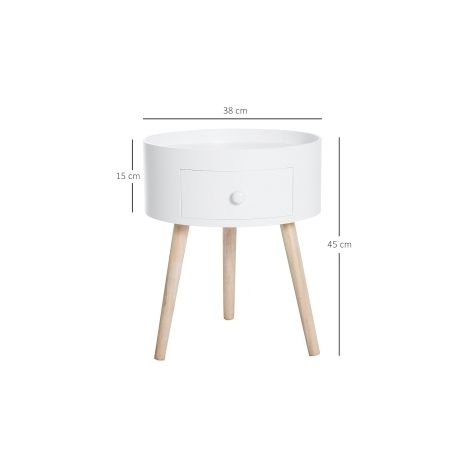 Mesa auxiliar redonda de madera blanca 38x38x45 cm con cajón para salón - MEUBLIV (1/5)