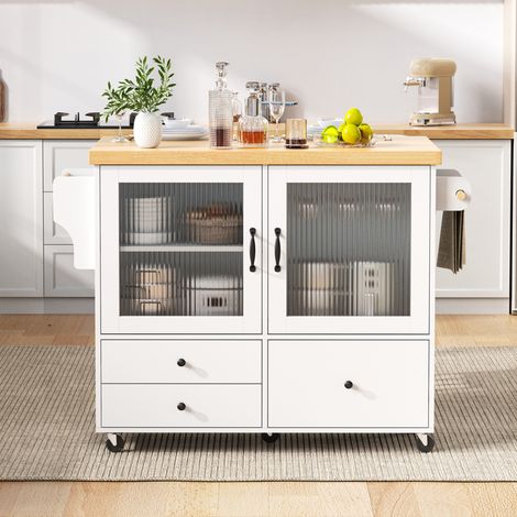 Isola cucina con ruote 100x42-70x91.5 cm, piano estensibile, spazio contenitore, MDF bianco e naturale (1/5)