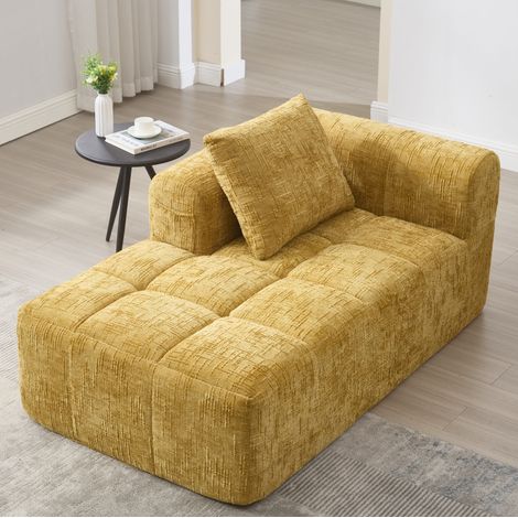 Sofá chaise longue 158x90x60 cm amarillo en chenilla con cojín y bolsillos laterales (1/5)