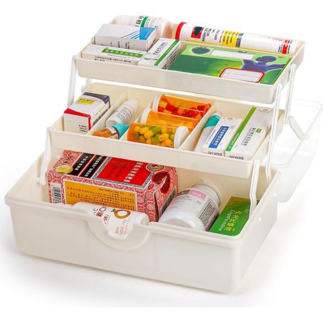 Scatola portaoggetti medica portatile a 3 scomparti con maniglia – trasparente e bianca, ideale per il pronto soccorso e per l'armadietto dei medicinali di casa.