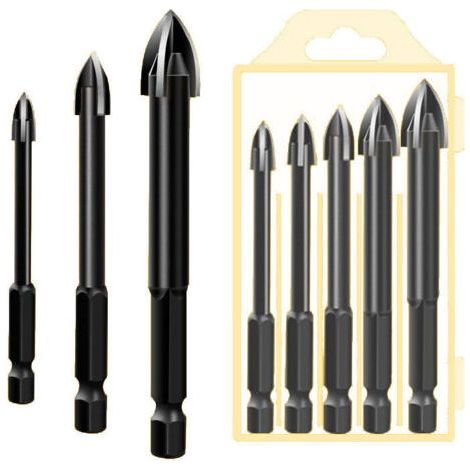 Juego de 5 brocas de carburo de tungsteno para mampostería, aptas para metal, acero, baldosas cerámicas, porcelana, hormigón, ladrillo, plástico y madera, color negro. (1/5)
