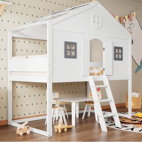 Cama infantil cabaña 90x200 cm con escalera, barandillas, ventanas grises, blanco y gris HAVRYA (1/5)