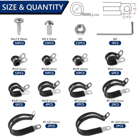 136pcs Collier de Fixation Caoutchouc P Clip Collier de Serrage Inox Colliers Durite Caoutchouc P Colliers de Serrage Métal Tuyau Pince Acier Inoxydable 6mm 8mm 10mm 13mm 16mm 19mm 25mm 32mm 38mm 45mm (1/3)