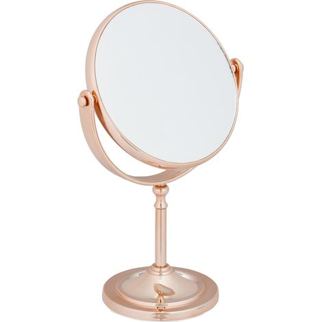 Miroir cosmétique, grossissant 2X, sur Pied, Double Face, pivotant à 360°, Rond, HxLxP 27,5x18x10,5cm, cuivré (1/5)