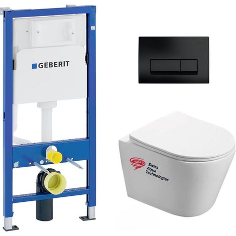 Pack WC Bati-support Geberit + WC Swiss Aqua Technologies Infinitio sans bride + plaque Delta 50 noir mat