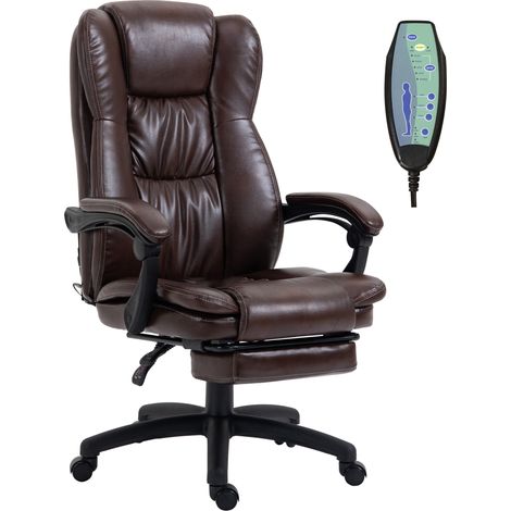 Fauteuil pivotant réglable avec repose-pieds, appui-tête et fonction massage, revêtement en similicuir, 68,5 x 68,5 x 113-121 cm, marron
