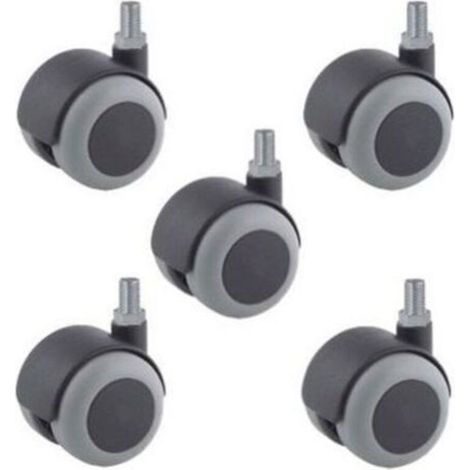 Lot de 5 Roulettes pivotantes JUMELÉE pour FAUTEUIL CAOUTCHOUC GRIS diamètre 50 mm à tige filetée M10x15 mm (1/2)