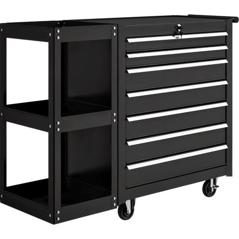 Carro de taller con 7 cajones y estante lateral extraíble, negro, 96 x 33,5 x 75 cm (1/5)