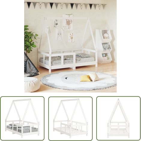 The Living Store Kinderbett Weiß 70x140 cm Massivholz Kiefer - Holz Kinderbett - Kiefernholz Kinderbett - Hausförmiges Kinderbett - Kinderzimmer Dekoration - Jugendzimmer Möbel