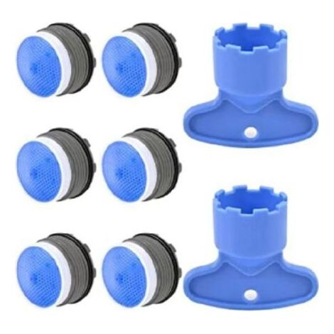 Aérateurs encastrables 6 pièces [6 + 2] (16 g) Aérateur, buse de cuisine et salle de bain, aérateur de robinet d'évier en plastique, économie d'eau, avec 2 poignées, bleu (1/4)