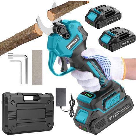 Sécateur Électrique Sans Fil Brushless, Secateur Electrique 21V avec 2 Batteries 2.0Ah, Lame SK5 Secateur à Batterie, Écran LCD, Pierre à Aiguiser Pour Jardinage, Fruitiers, Arbustes (1/5)