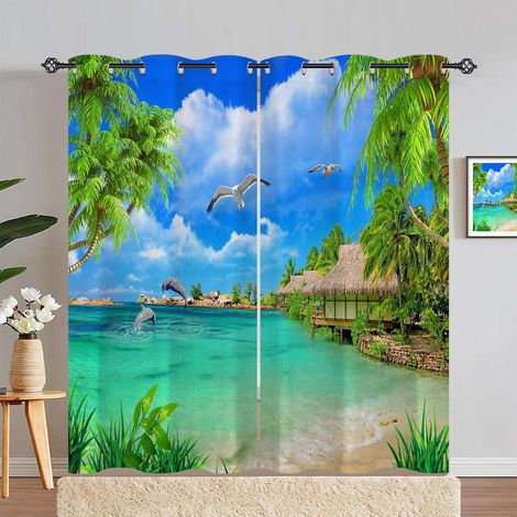 Rideau Occultant Tropical Océan Plage Palmier Rideau Thermique Isolant Draperies Intérieurs Tenture Opaque à Oeillets pour Maison Chambre Salon Fenetre 2 Pièces L 168 x H 229 cm - 168L X 229H cm (2 Pa (1/5)