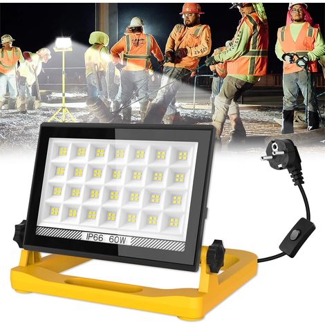 Projecteur LED Chantier 60W 6000K, Lampe de Chantier, Étanche IP66, Portable, 3 Modes, Avec Prise et Câble de 4M Pour Construction, Garage, Atelier (1/5)