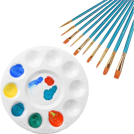 Palette de mélange ronde en plastique 17 cm blanc avec 10 pinceaux bleus pour bricolage, peinture, huile, aquarelle (1/5)