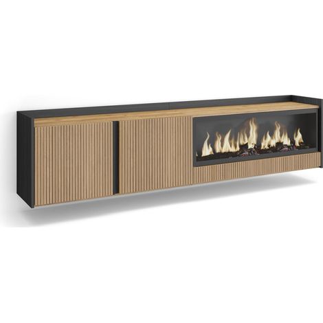 Skraut Home - Mueble TV, Televisión, Muebles de salón, almacenaje, 212x35x50cm, Para TV hasta 80", Chimenea eléctrica XXL, Colgado, Suspendido, Estilo Moderno, Roble y negro (1/5)