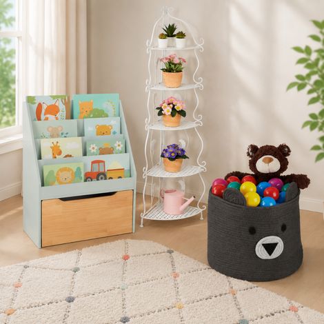 Set di contenitori per bambini (3 pezzi) – Libreria con contenitore per giocattoli, cesto portaoggetti in cotone e scaffale angolare a 5 ripiani (1/5)