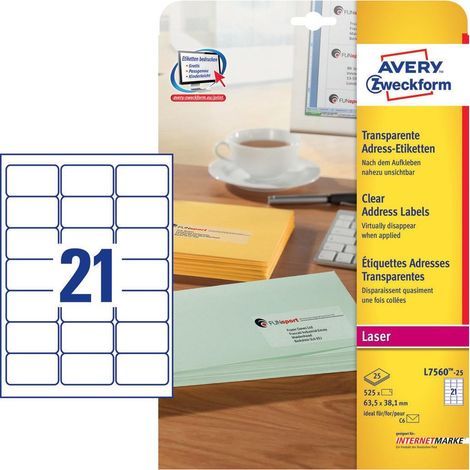 Avery L7560-25 etichetta autoadesiva Rettangolo con angoli arrotondati Permanente Trasparente 525 pz (1/4)