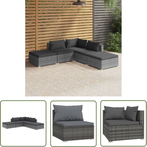 Salon de jardin 5 pcs avec coussins Résine tressée Gris vidaXL