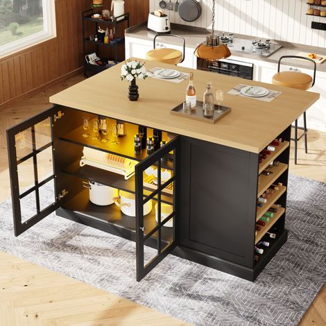REDOM - Table de bar 120x40x90 cm et 120x70x90 cm, pliante avec LED multicolore, range bouteilles incliné, tiroir, MDF noir