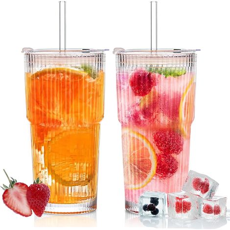 2 Pièces 600ml Verre à Eau avec Couvercle et Paille,Verre Matcha Latte,Gobelets en Tasse Rayé Transparent,Tasse à Jus,à Café Glacé,Smoothie Cup,pour Café Glacé,Smoothie,Lait,Jus,Tea (1/4)