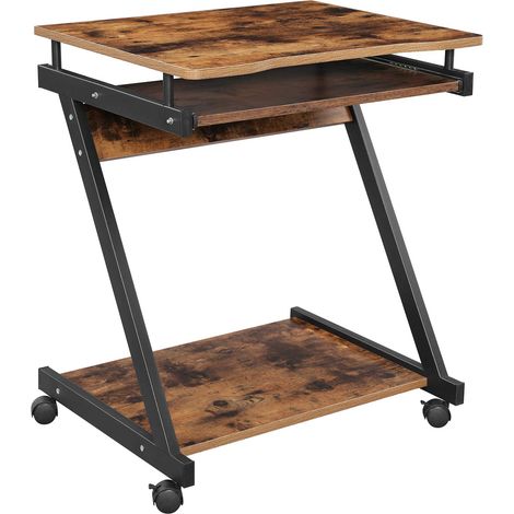 Bureau en Z, Table d’ordinateur, Table informatique, peu encombrant, montage simple, roulettes avec freins, avec support à clavier, pour bureau, Marron Rustique et Noir LCD811X01 (1/5)